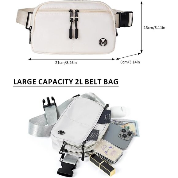 Womens Beige Fanny Pack 2L Crossbody Belt Bag Waterproof 5 Zipper Pockets - Picture 2 of 6